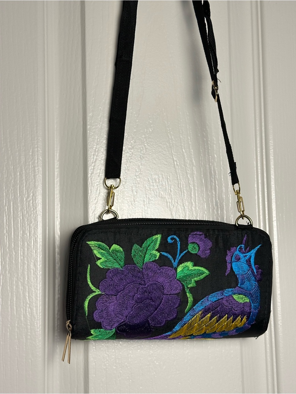 Black Embroidered Peacock & Floral Crossbody Bag